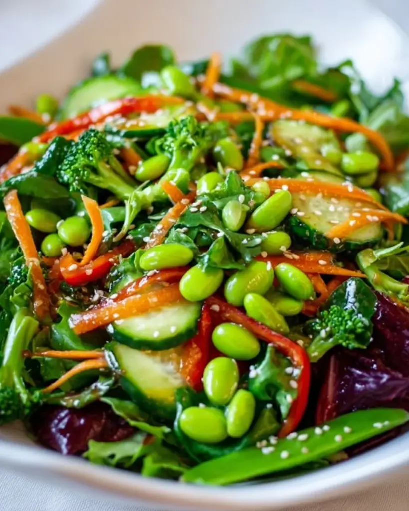 Mixed green salad drizzled with sesame ginger vinaigrette on a wooden table