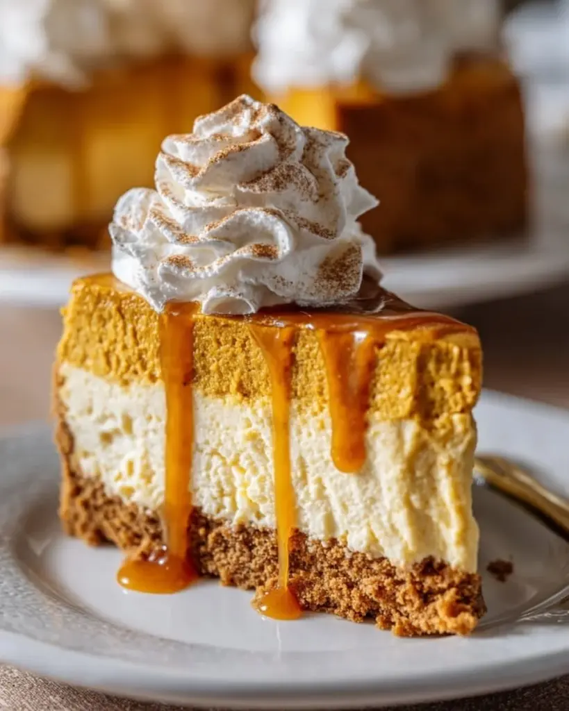 No-bake pumpkin cheesecake topped with whipped cream and cinnamon.