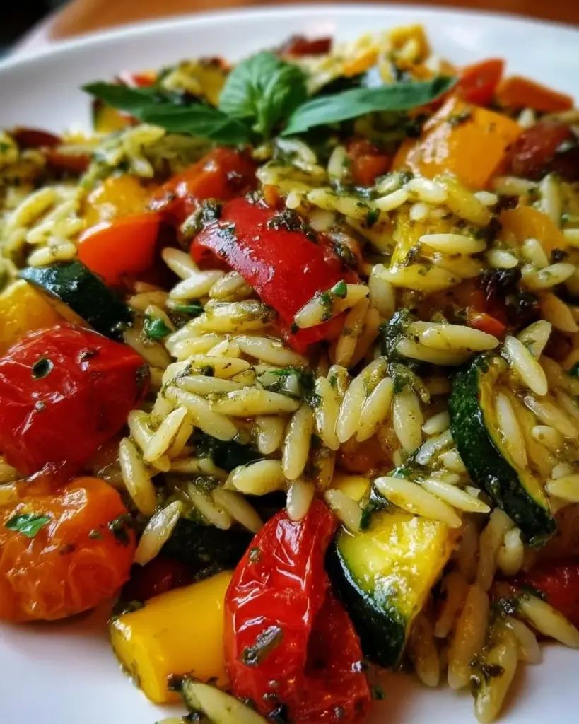 Bowl of orzo pasta with roasted vegetables and pesto sauce garnished with herbs