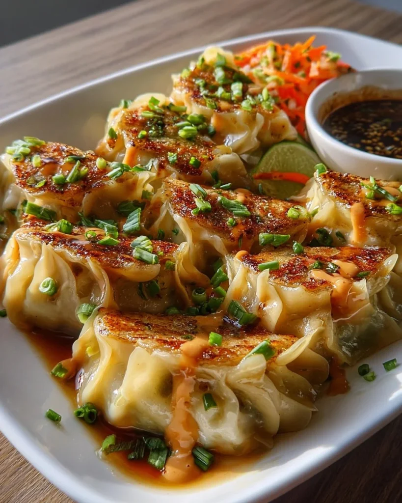 Oven-baked dumplings served with creamy peanut sauce on a plate.