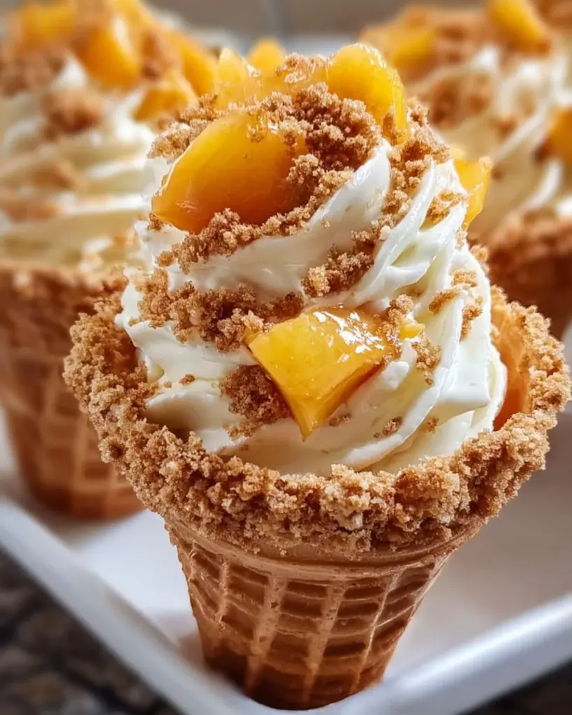 Peach cobbler cheesecake cones with creamy filling and peach topping