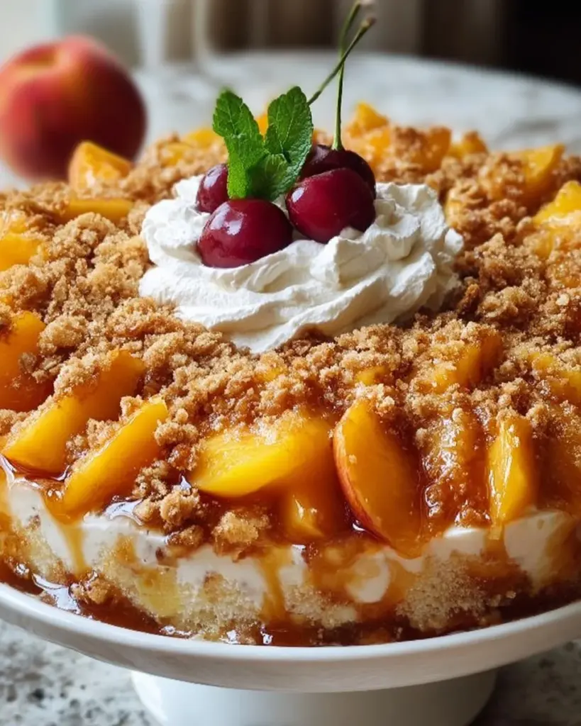Peach cobbler cheesecake fruit salad served in a bowl with fresh peaches and cream