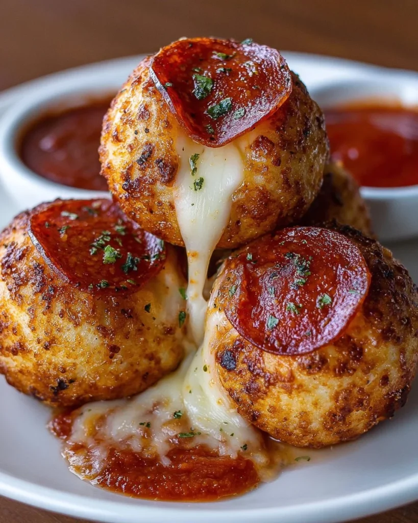 Pepperoni pizza bombs filled with cheesy goodness and spicy pepperoni.