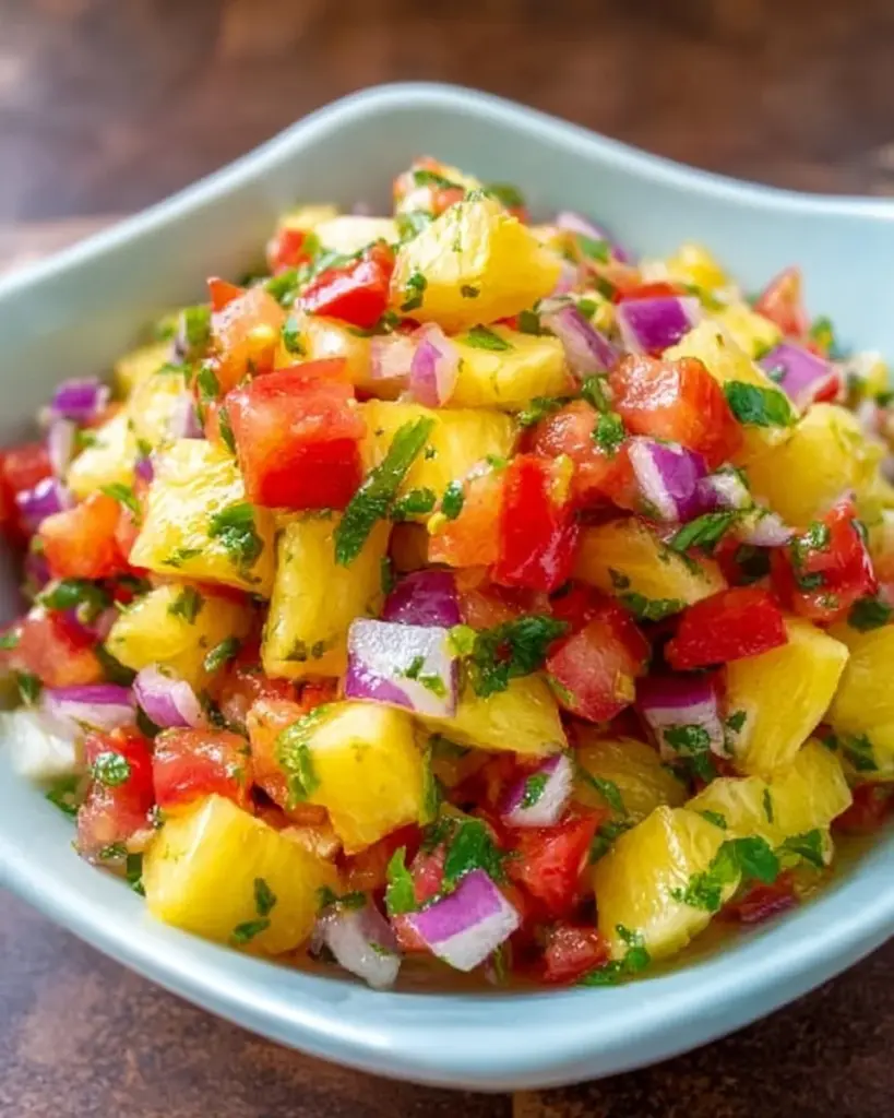 Fresh pineapple salsa served in a bowl with cilantro and lime