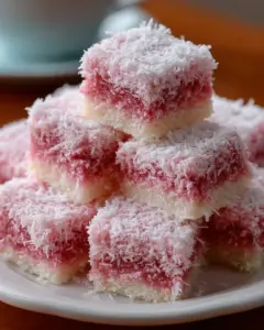 Pink Coconut Snowball Cake Bars topped with coconut shavings and pink frosting