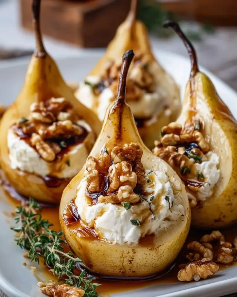 Roasted pears with goat cheese and maple walnut drizzle on a plate