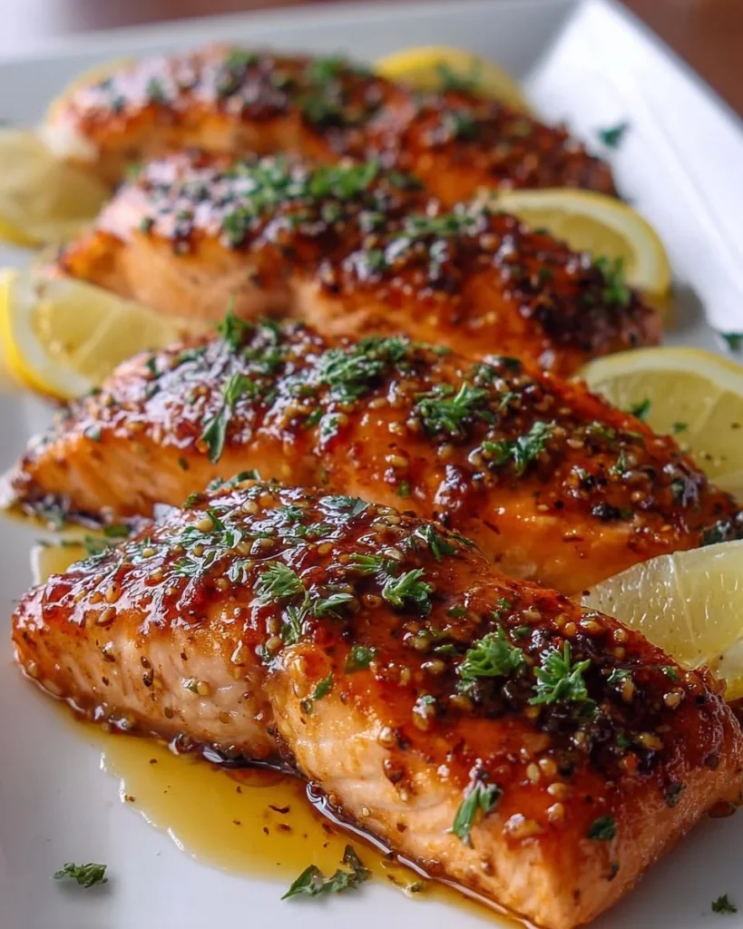 Delicious salmon fillet drizzled with hot honey sauce on a white plate.