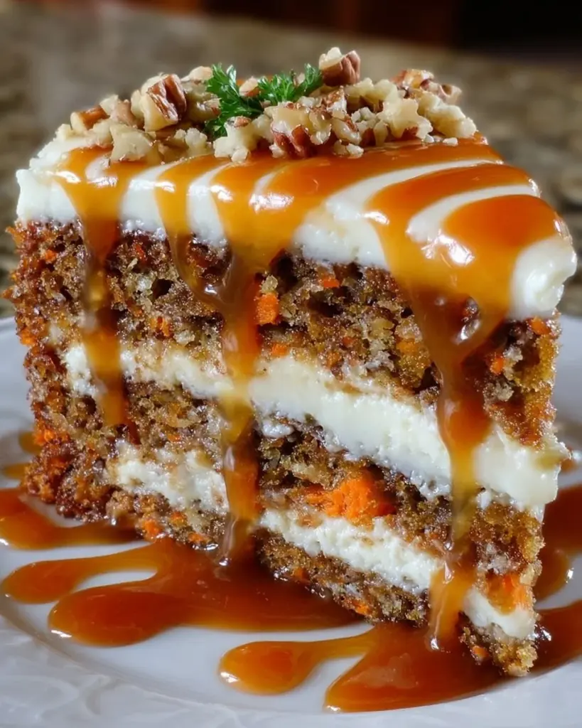 Delicious salted caramel carrot cake with creamy frosting and caramel drizzle