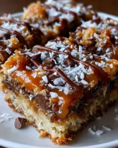 Delicious salted caramel magic bars topped with chocolate and nuts