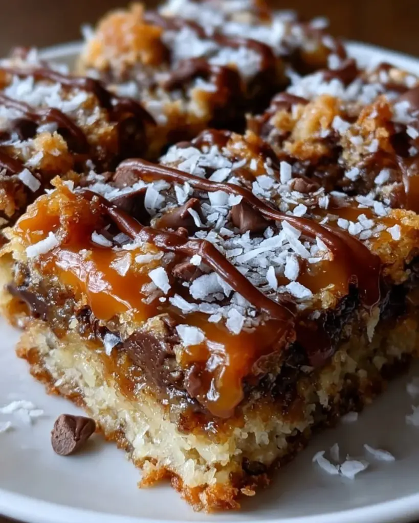 Delicious salted caramel magic bars topped with chocolate and nuts