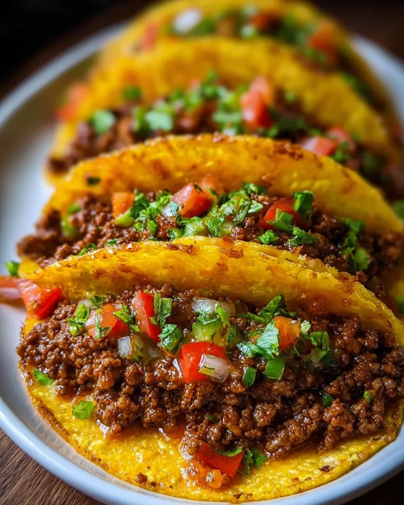 Delicious seasoned ground beef tacos served with toppings