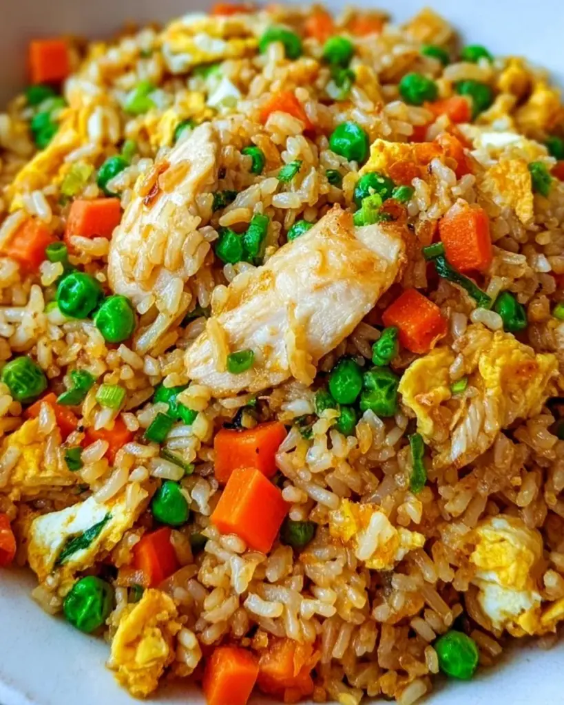 Delicious sheet pan chicken fried rice with vibrant vegetables and chicken pieces