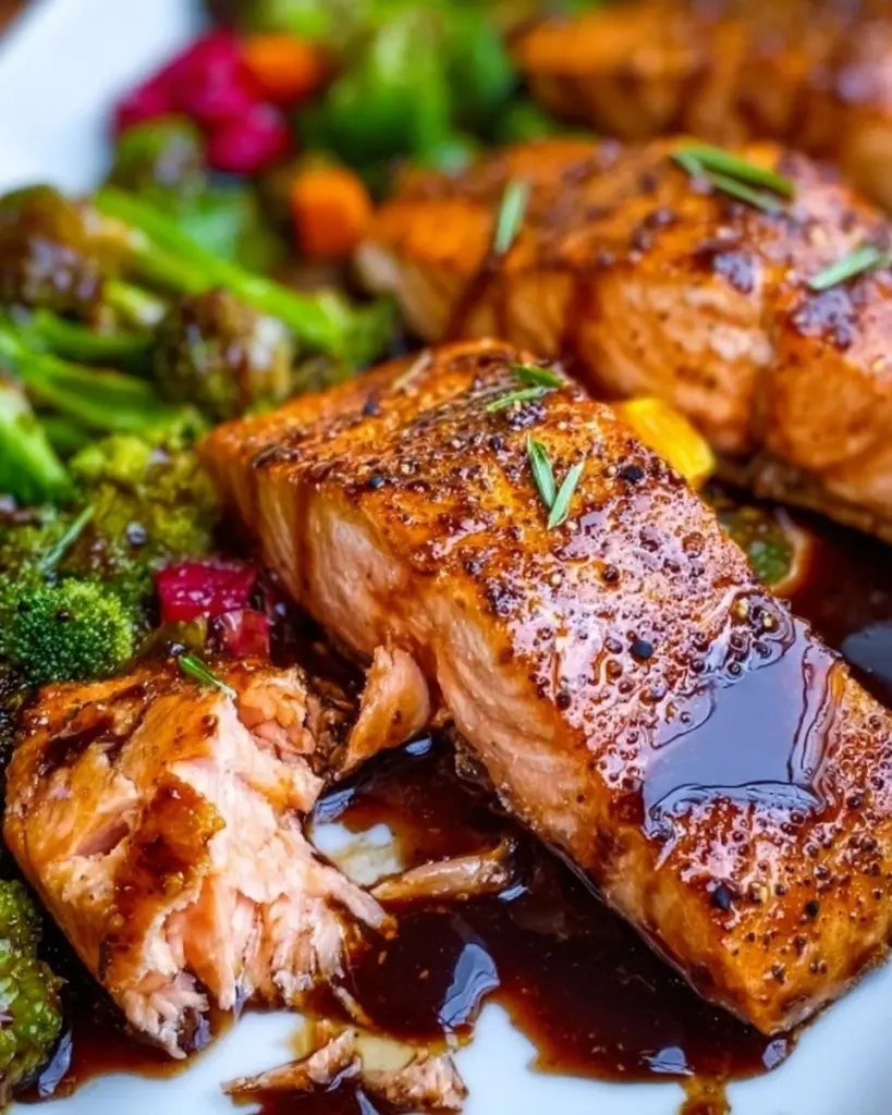 Sheet pan salmon drizzled with balsamic glaze, served with colorful vegetables.