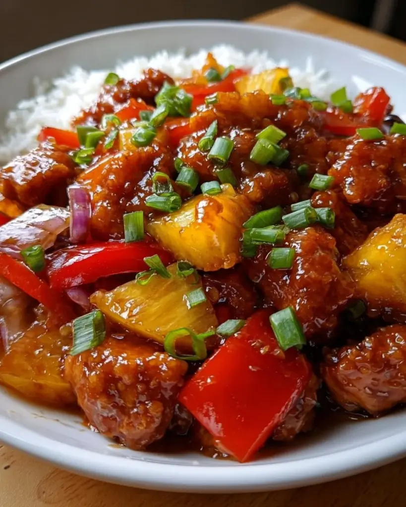 Bowl of Slow-Cooked Sweet and Sour Chicken with vibrant vegetables