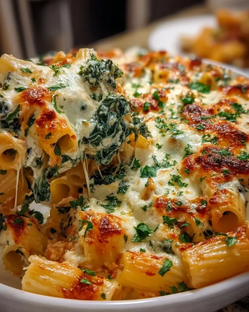 Spinach Ricotta Pasta Bake in a casserole dish topped with melted cheese