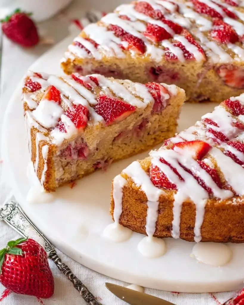 Slice of homemade strawberry banana cake topped with fresh strawberries and bananas.
