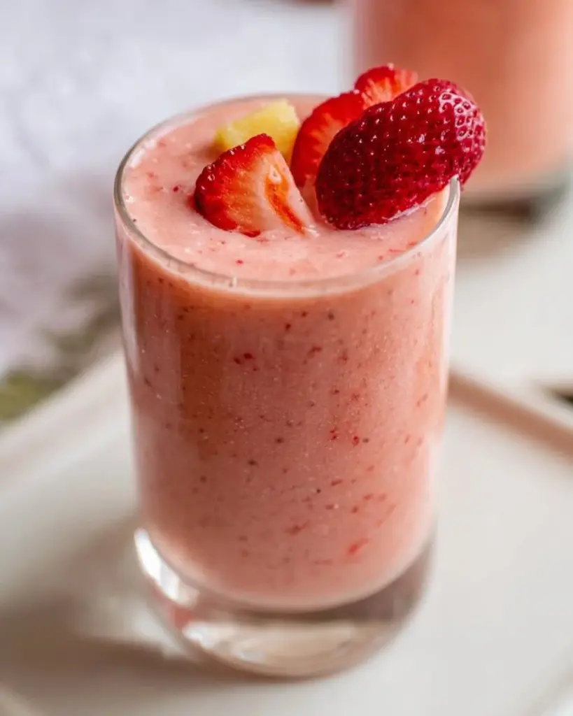 Delicious strawberry banana smoothie with pineapple in a glass
