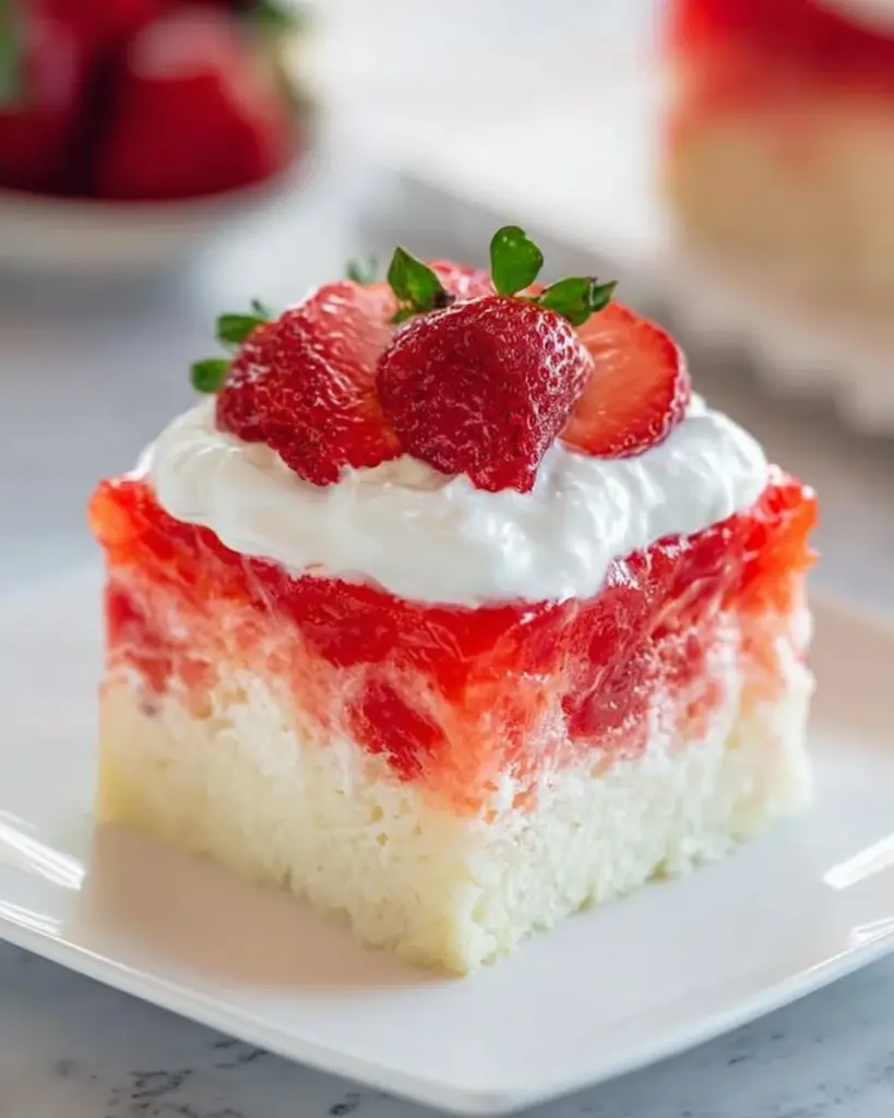 Delicious strawberry poke cake topped with cream and fresh strawberries