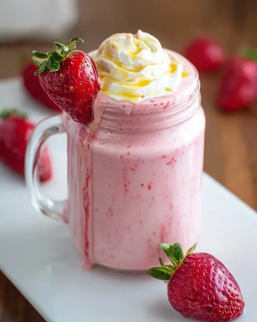 Strawberry shortcake smoothie in a glass with fresh strawberries and whipped cream