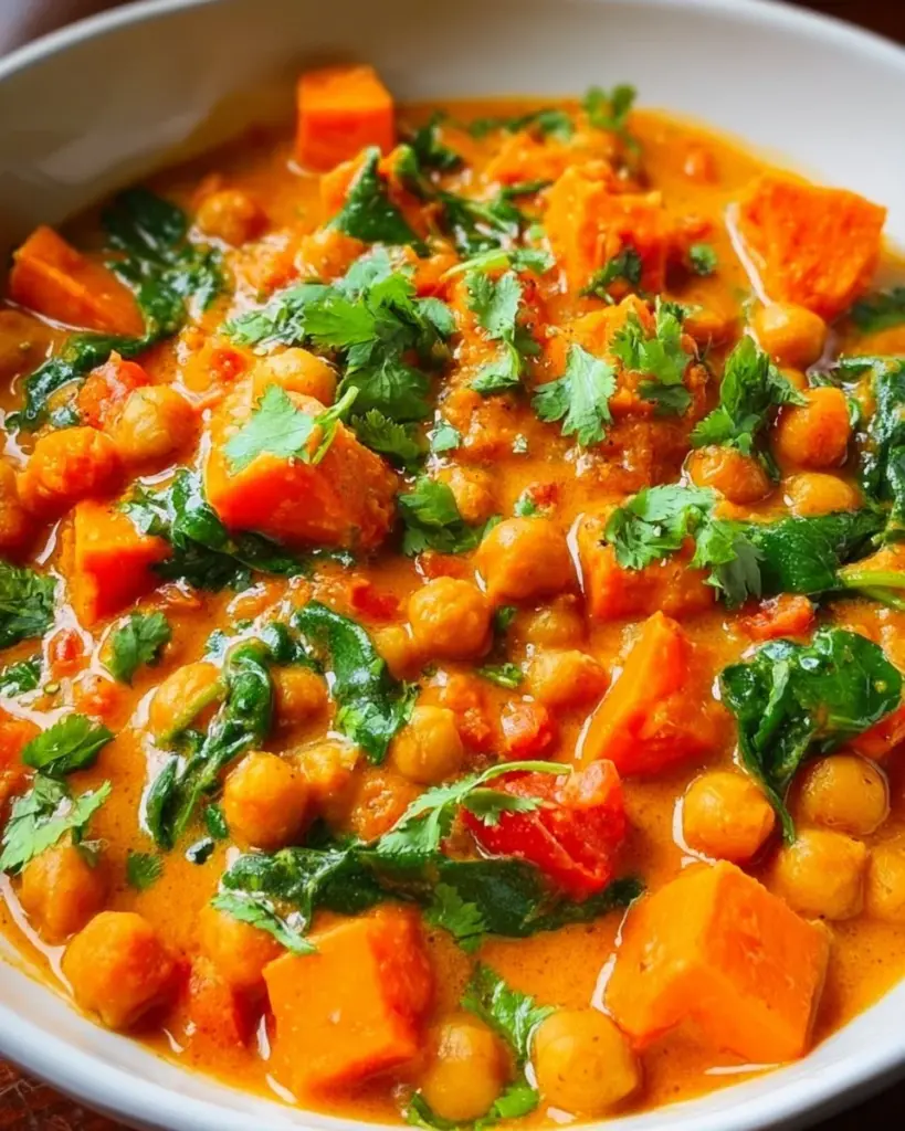 Delicious sweet potato chickpea coconut milk curry in a bowl