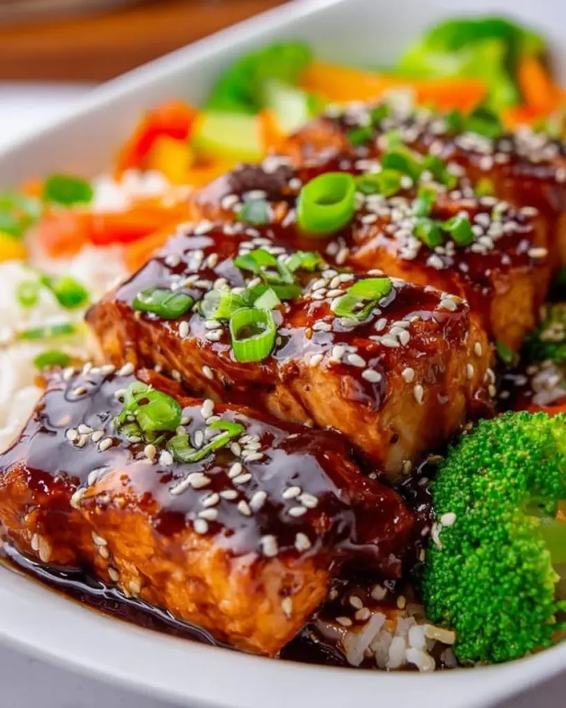 Delicious Teriyaki Glazed Salmon Bowls garnished with vegetables and rice