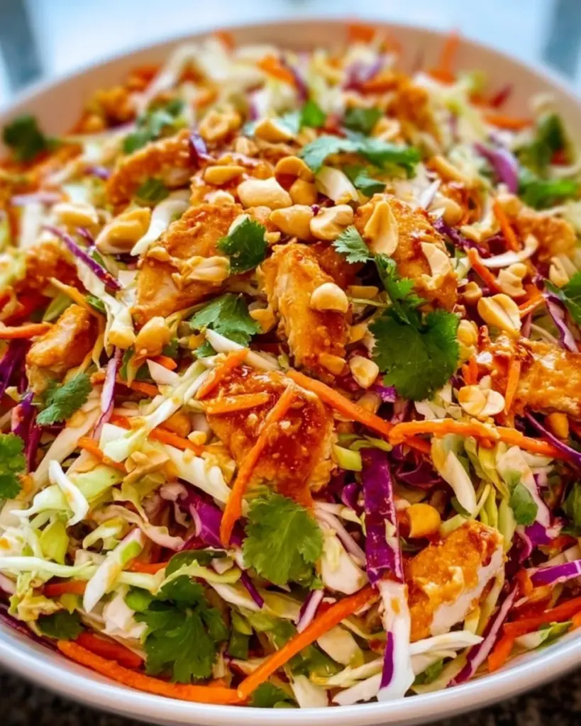 Delicious Thai Peanut Chicken Salad topped with fresh vegetables and a creamy peanut dressing.