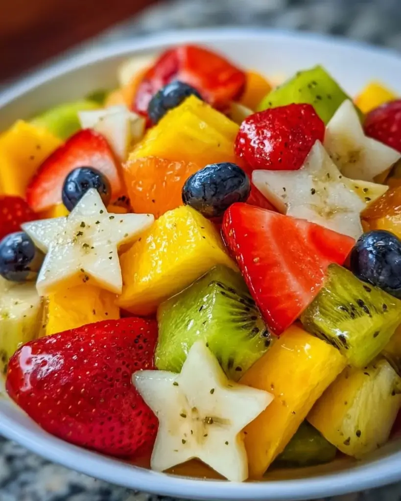 A vibrant bowl of tropical fruit salad with assorted fresh fruits.