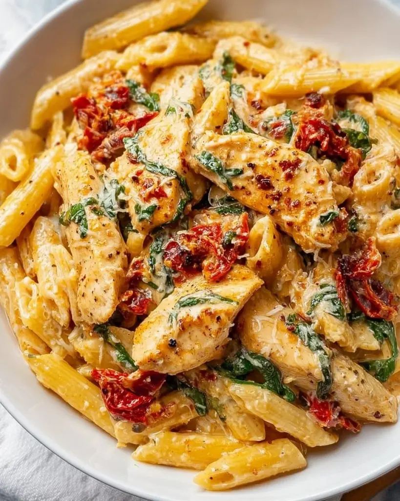 Delicious Tuscan chicken served over pasta, garnished with fresh herbs and vegetables
