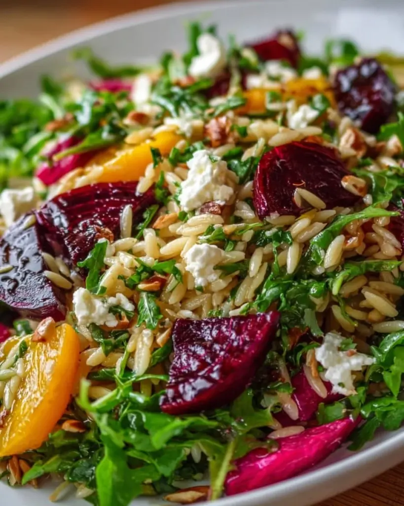 Warm orzo salad featuring beets and greens in a vibrant bowl