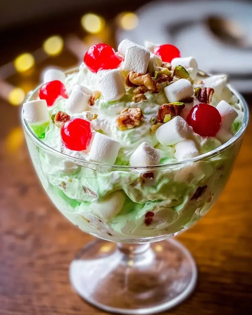 A bowl of creamy Watergate Salad topped with nuts and cherries.
