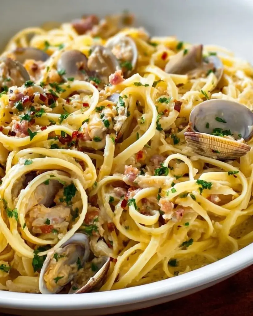 Plate of best linguine and clams with fresh herbs and garlic