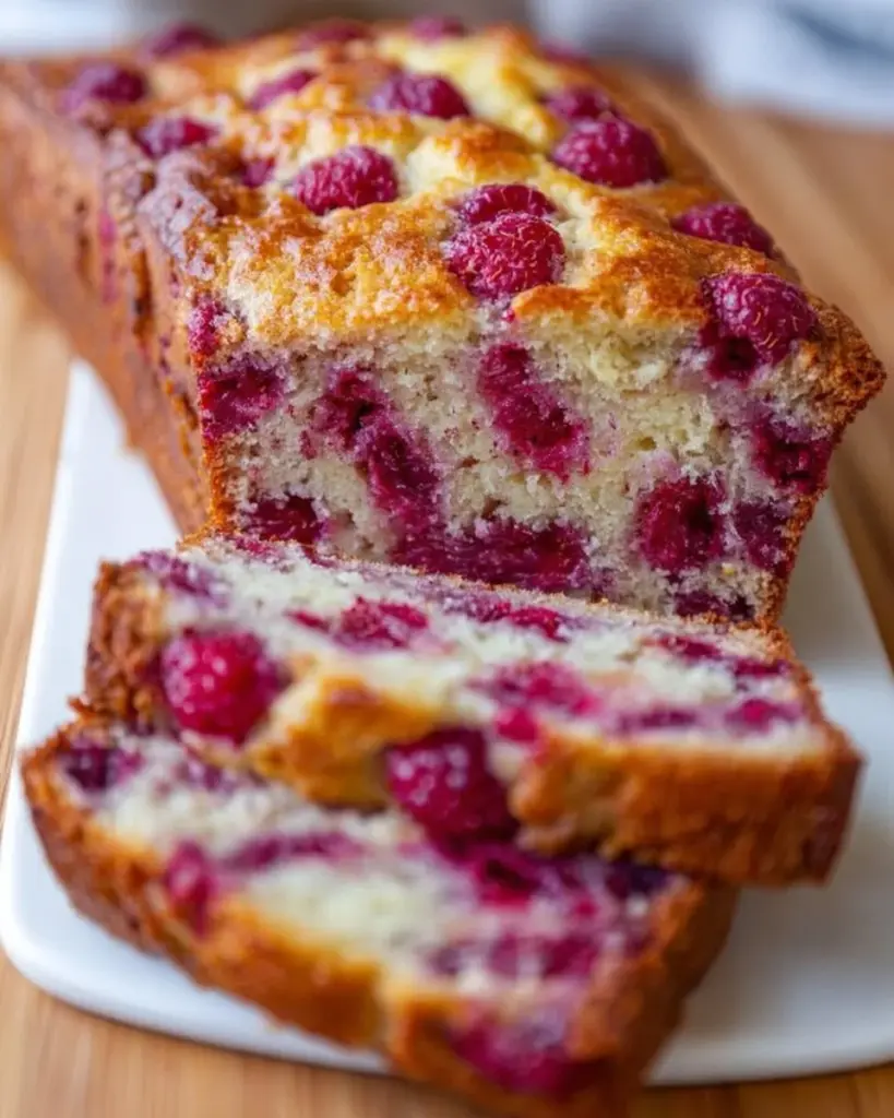 Delicious homemade raspberry bread loaf with fresh raspberries.