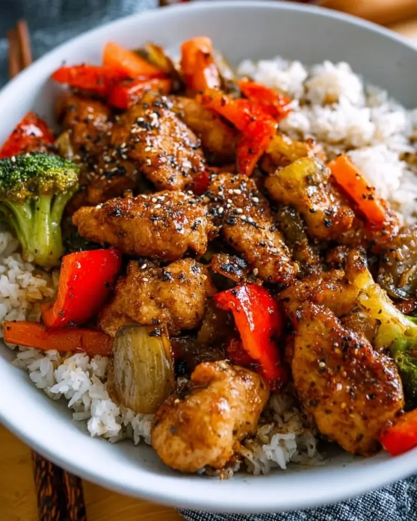 Delicious Black Pepper Chicken served with colorful vegetables in a bowl.
