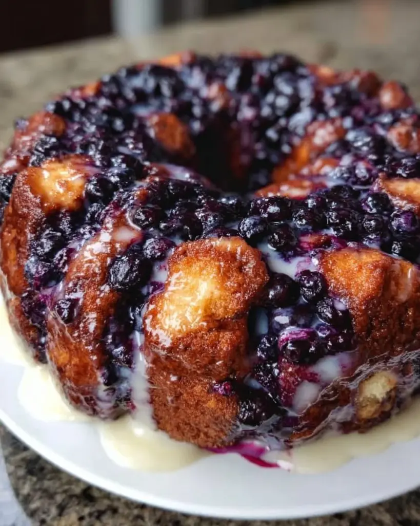 Slice of blueberry monkey bread topped with fresh blueberries and glaze