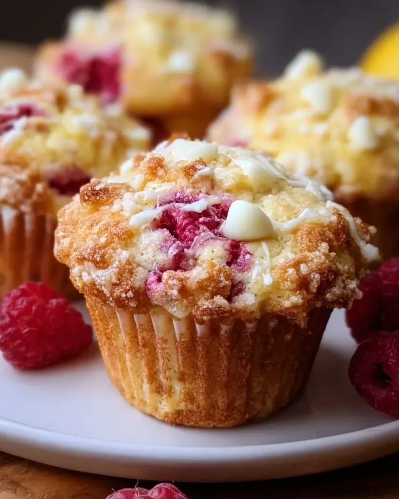 Lemon raspberry white chocolate muffins on a cooling rack