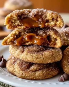 Freshly baked Brown Sugar Cinnamon Caramel Cookies on a cooling rack.