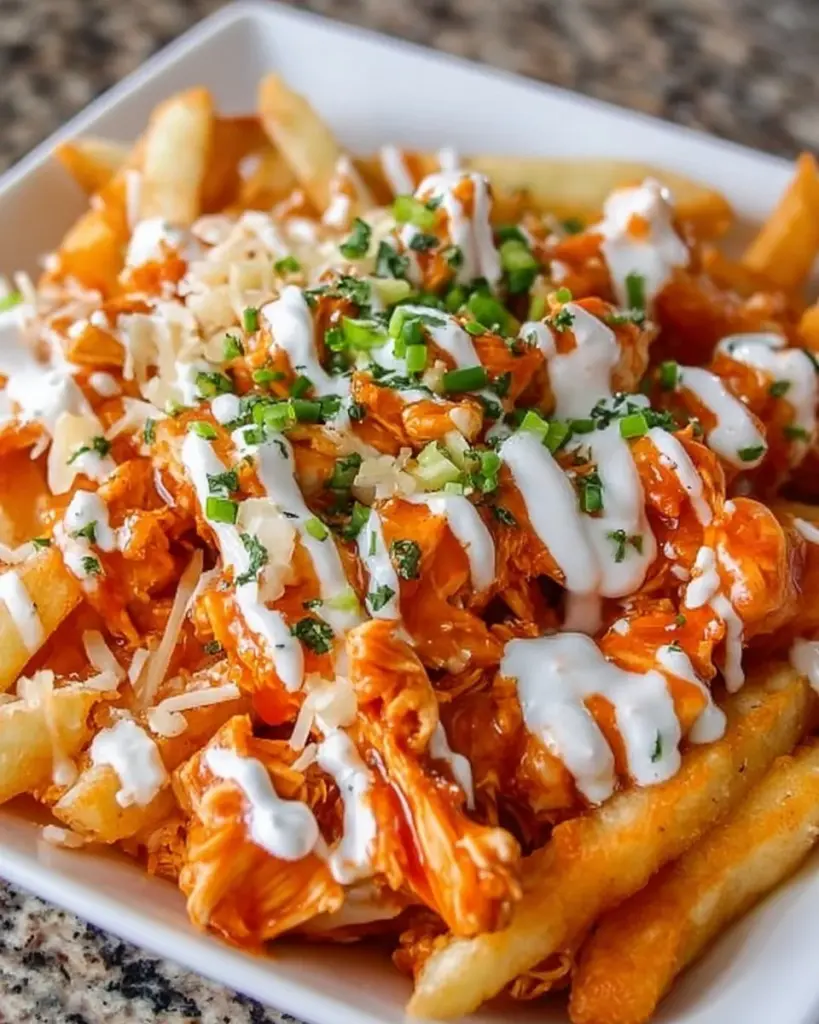 Delicious Buffalo Chicken Fries topped with cheese and green onions