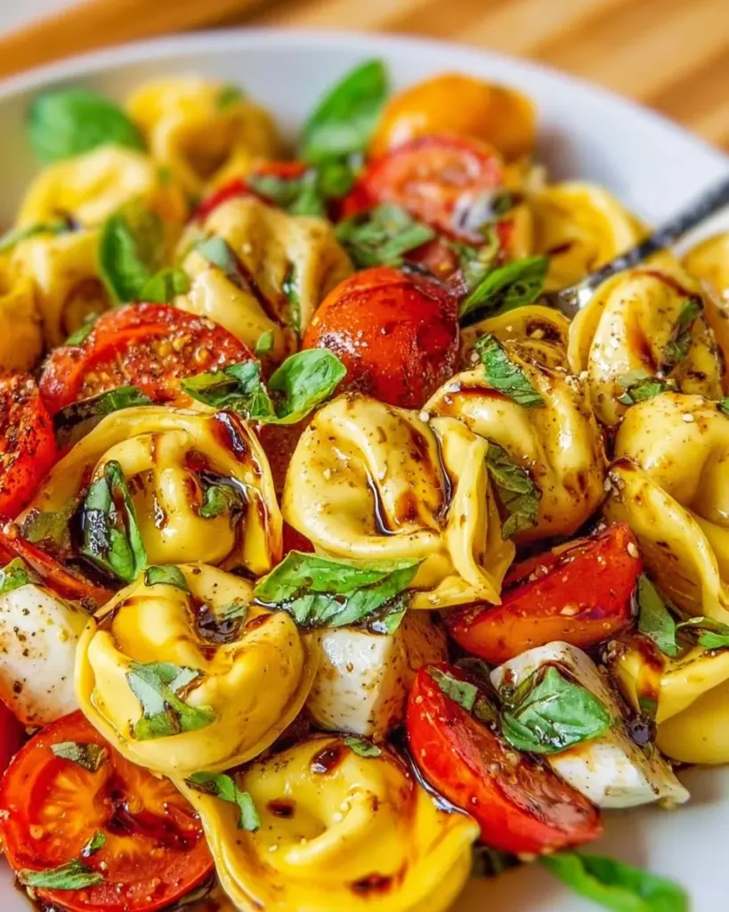 Caprese Tortellini Salad with tomatoes, basil, and mozzarella in a bowl