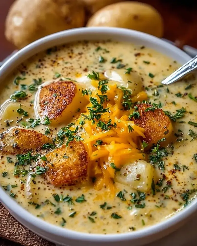 Bowl of Cheddar Garlic Herb Potato Soup garnished with herbs