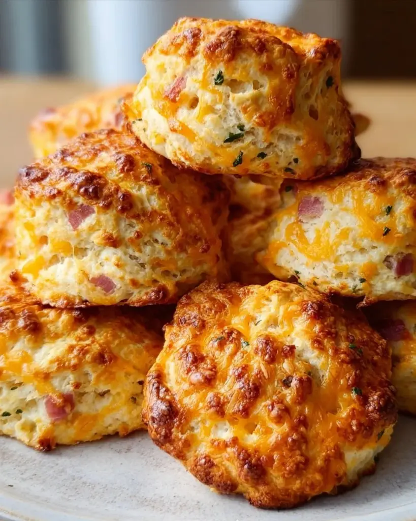 Freshly baked cheese scones on a wooden table