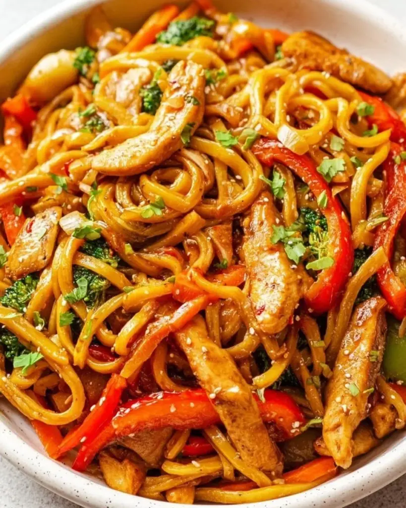 Delicious Chicken Stir Fry with noodles in a colorful vegetable mix.