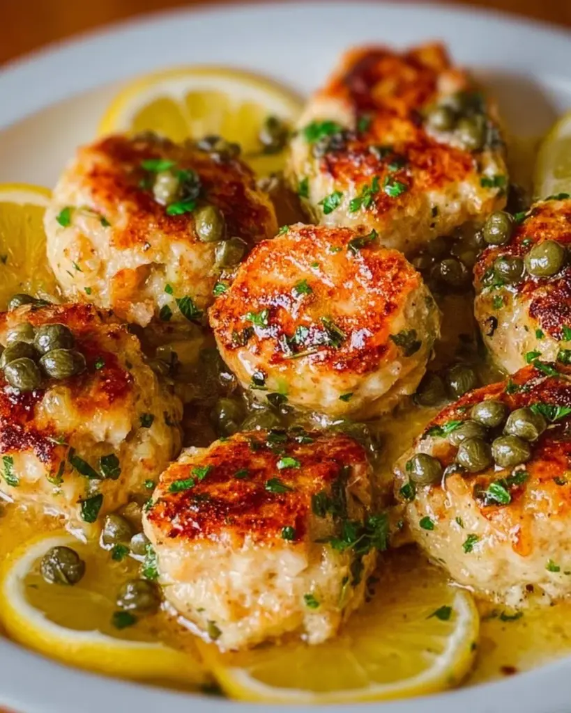 Delicious Chicken Piccata Meatballs garnished with lemon and capers