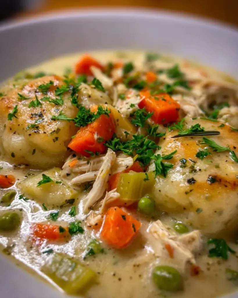 Bowl of chicken pot pie soup topped with herbs and flaky pastry
