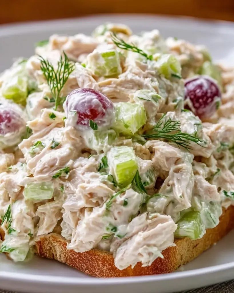 A vibrant bowl of chicken salad with fresh vegetables and herbs