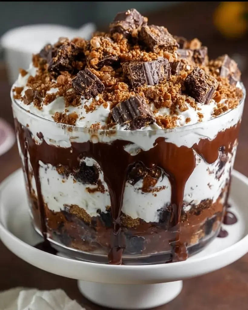 Delicious chocolate trifle layered with chocolate cream and cookies
