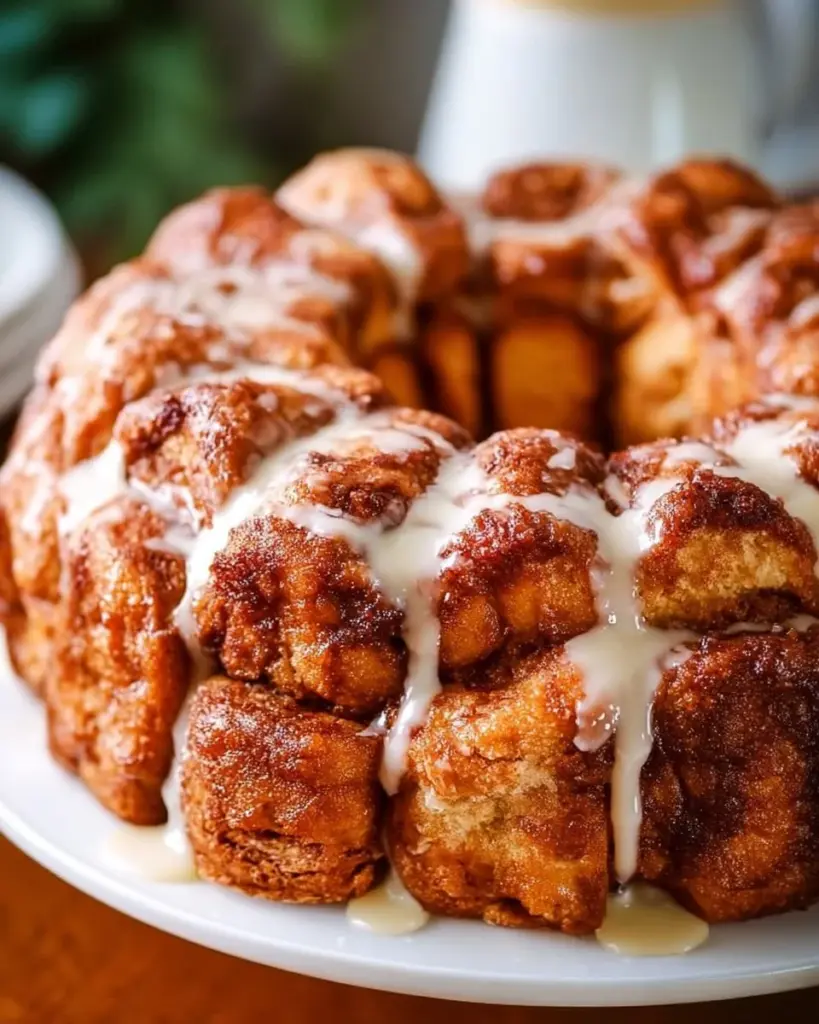 Delicious cinnamon roll monkey bread dessert with gooey frosting and cinnamon topping