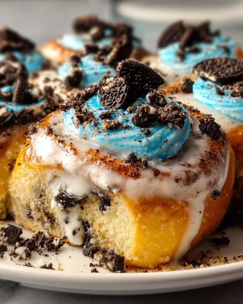 Delicious Cookie Monster cinnamon rolls topped with colorful icing and cookies.