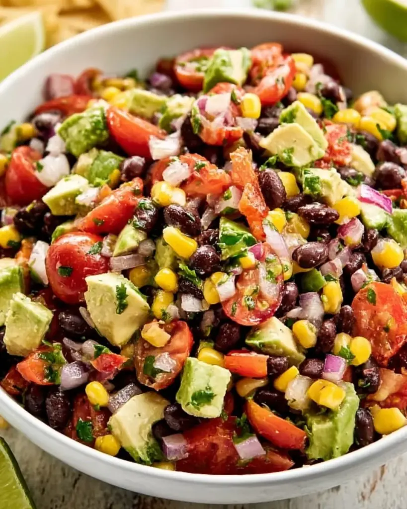 Bowl of colorful Cowboy Caviar dip with fresh vegetables and beans