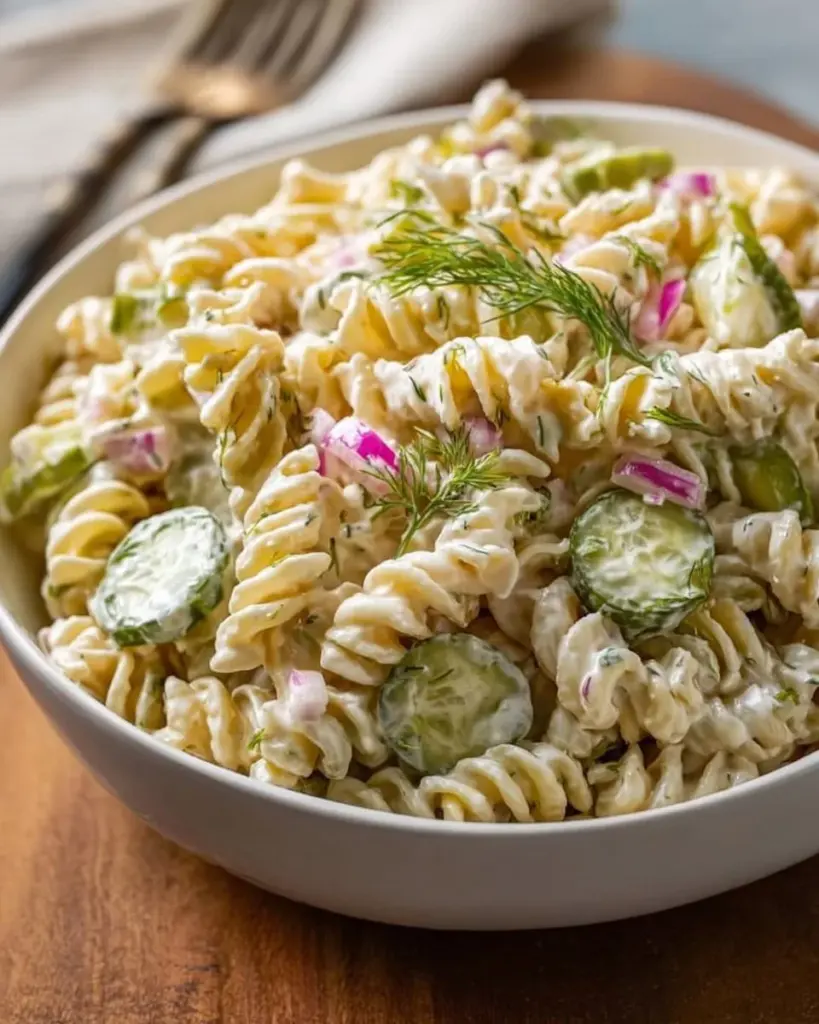 Creamy pickle pasta salad with pickles, pasta, and a creamy dressing