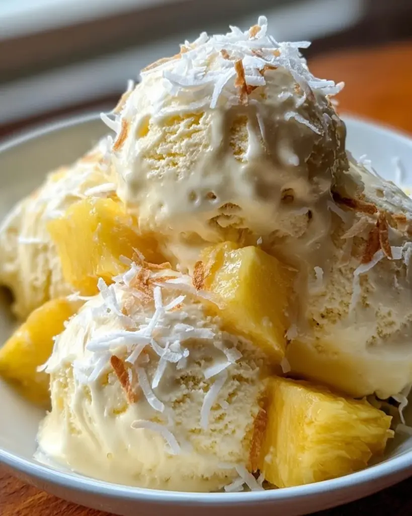 Creamy pineapple coconut ice cream in a bowl with tropical garnishes.